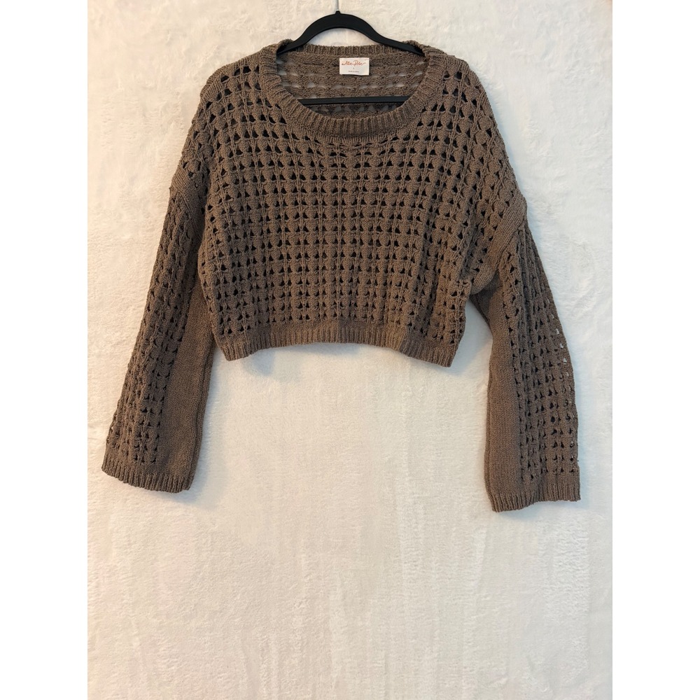 Allie‎ Rose Taupe Brown Open Knit Crochet Cropped Sweater Large ATS8137